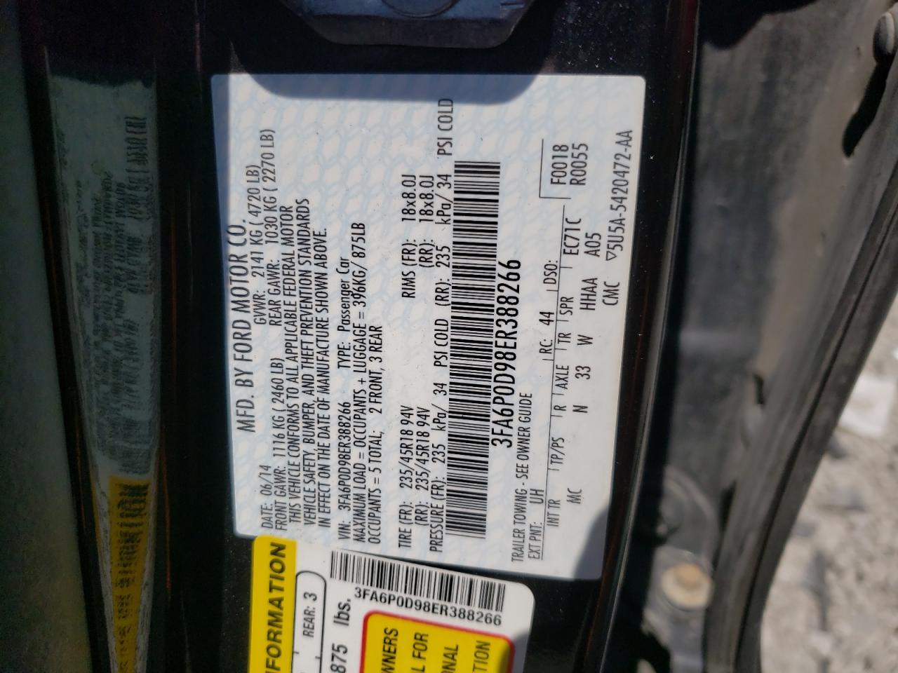 3FA6P0D98ER388266 2014 Ford Fusion Titanium