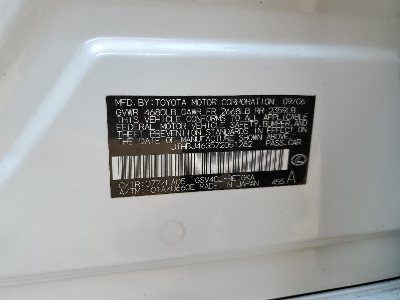 JTHBJ46G572051282 2007 Lexus Es 350