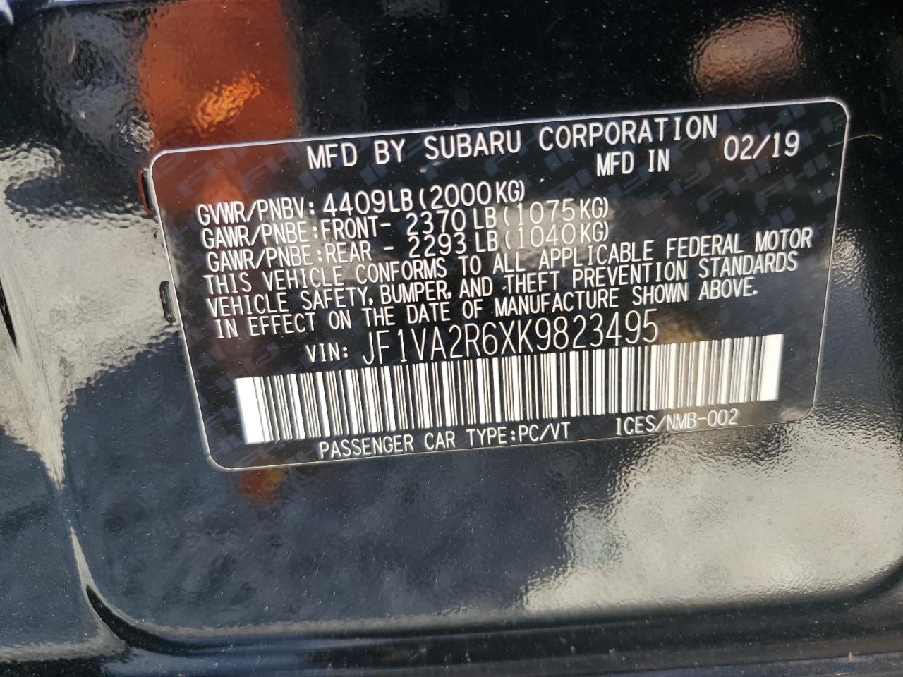 JF1VA2R6XK9823495 2019 Subaru Wrx Sti