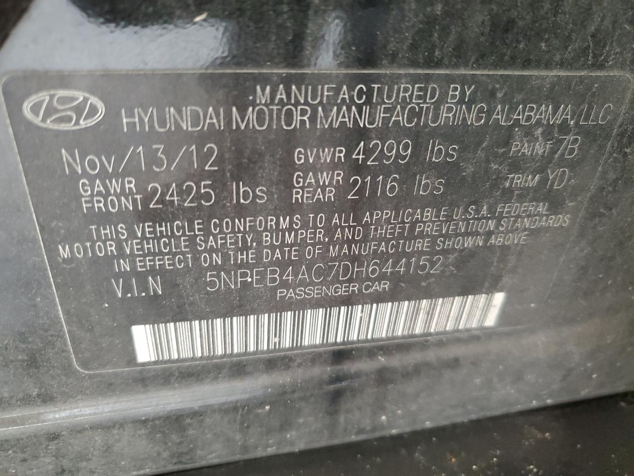 5NPEB4AC7DH644152 2013 Hyundai Sonata Gls
