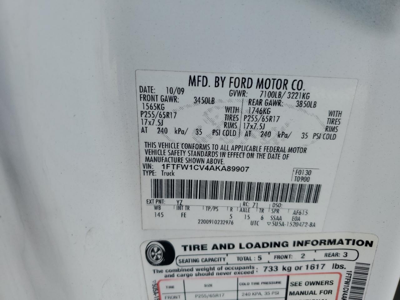 1FTFW1CV4AKA89907 2010 Ford F150 Supercrew