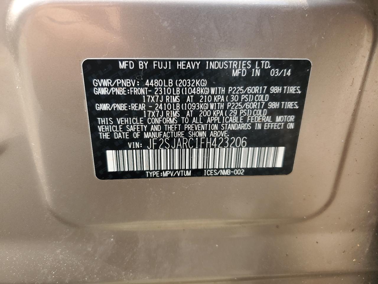 JF2SJARC1FH423206 2015 Subaru Forester 2.5I Limited