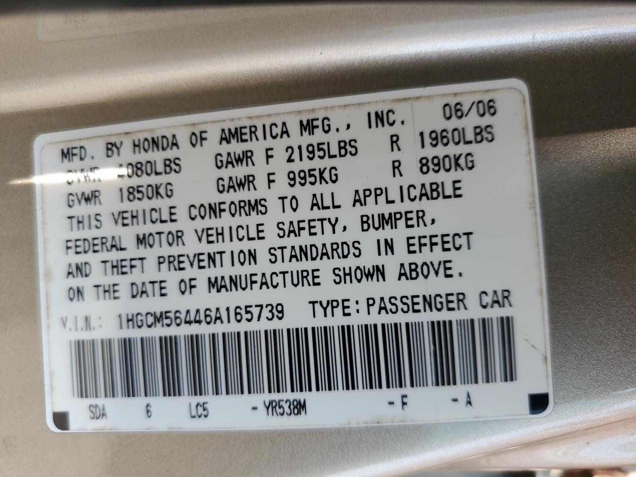 1HGCM56446A165739 2006 Honda Accord Lx