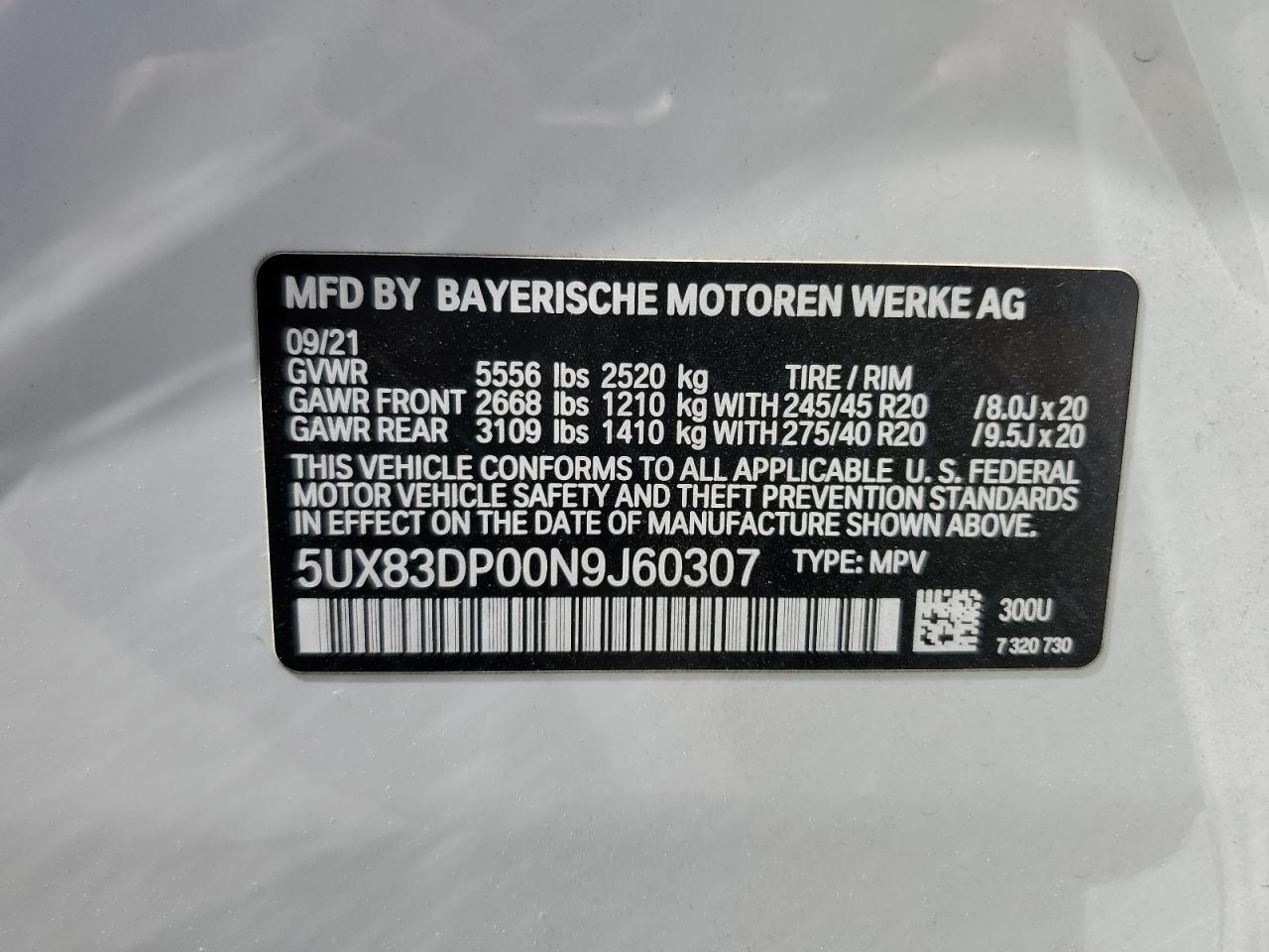 5UX83DP00N9J60307 2022 BMW X3 M40I