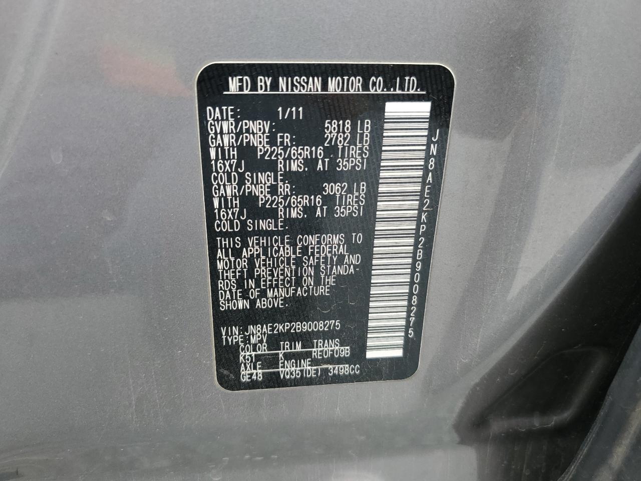 JN8AE2KP2B9008275 2011 Nissan Quest S