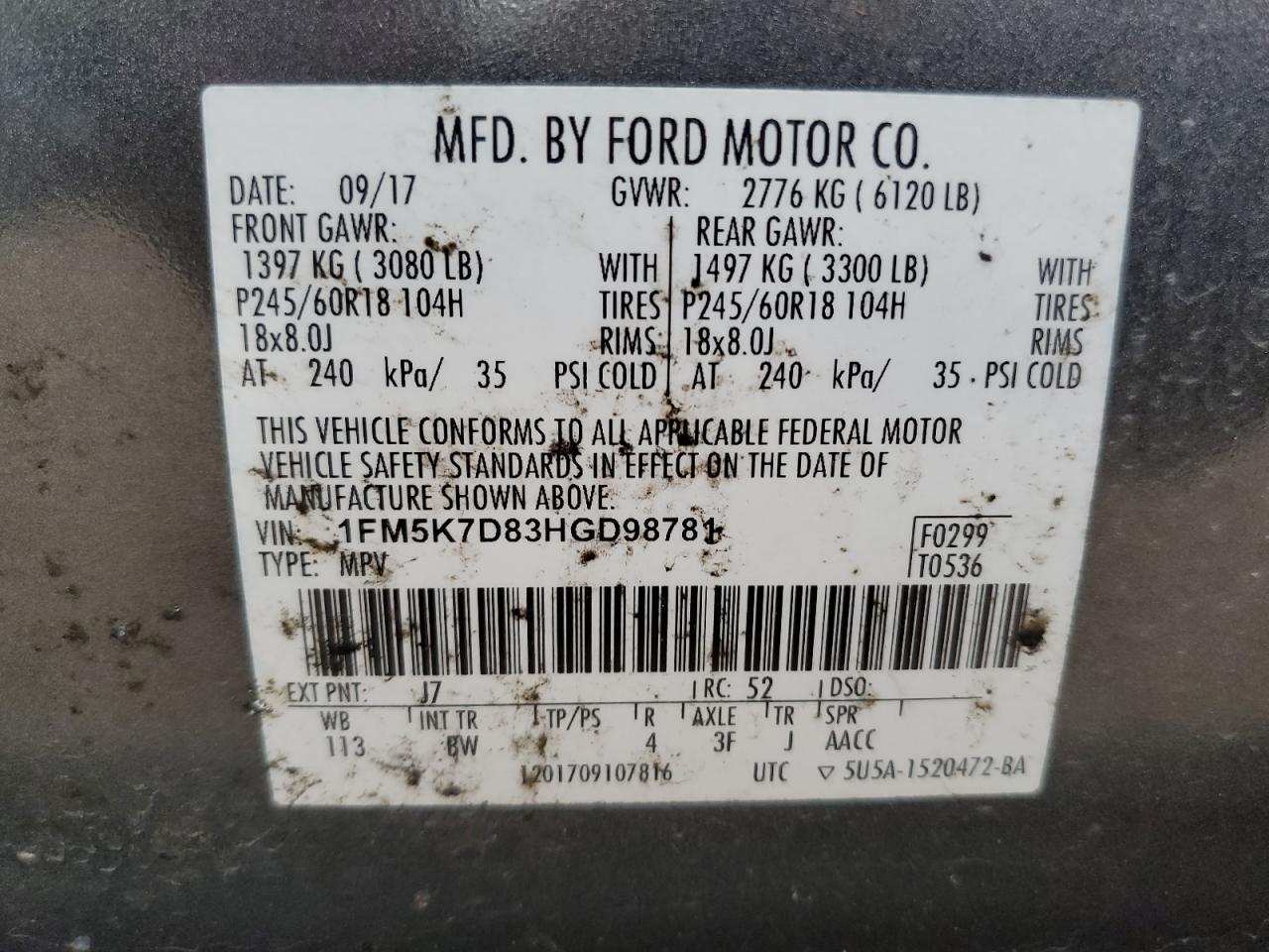 1FM5K7D83HGD98781 2017 Ford Explorer Xlt