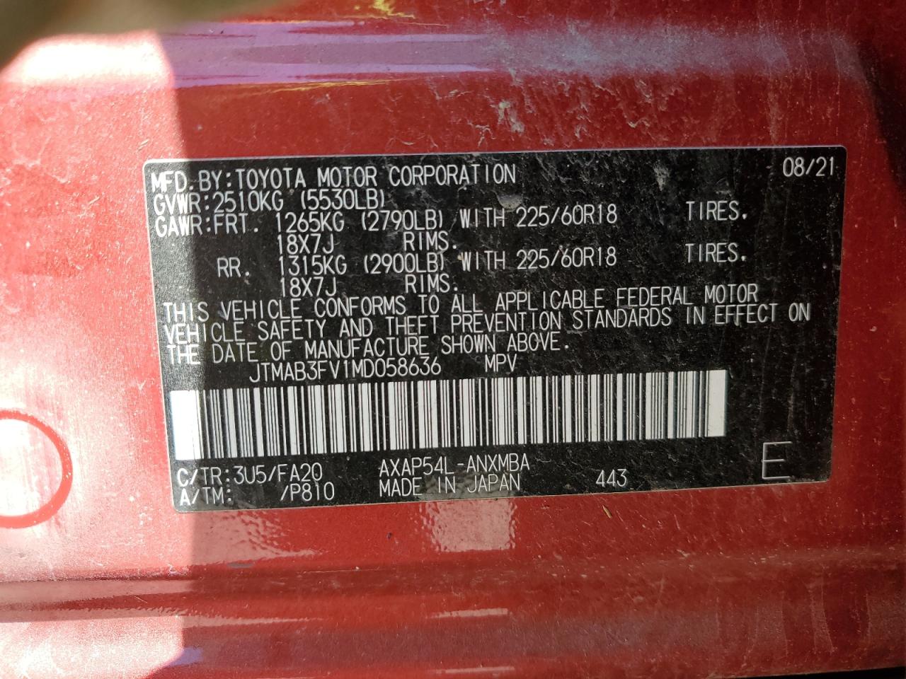 JTMAB3FV1MD058636 2021 Toyota Rav4 Prime Se