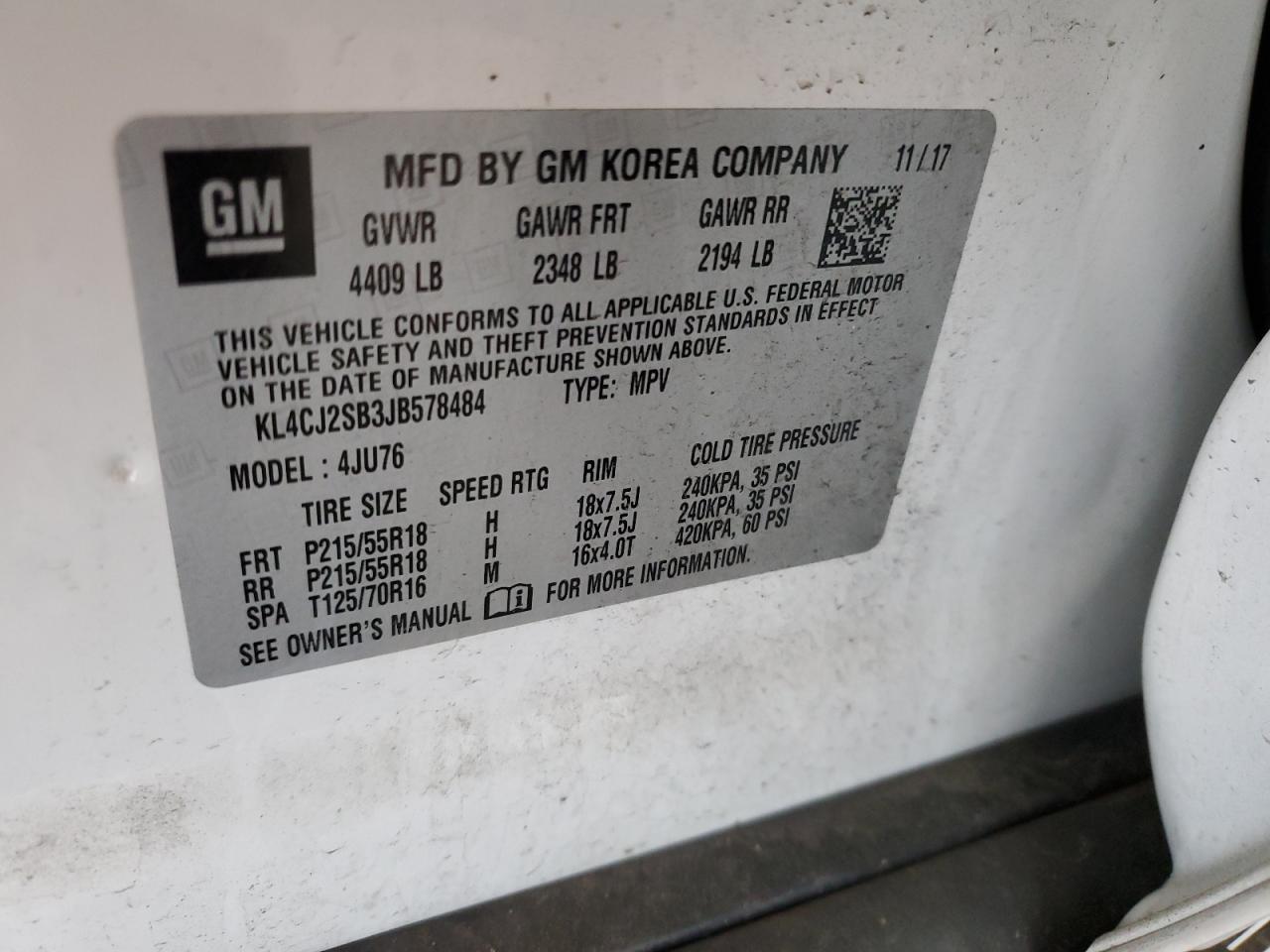 KL4CJ2SB3JB578484 2018 Buick Encore Sport Touring