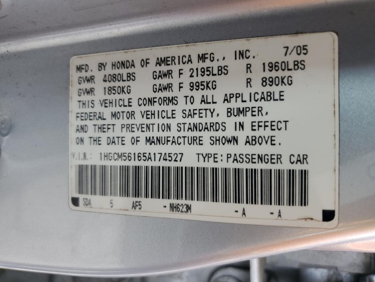 1HGCM56165A174527 2005 Honda Accord Dx