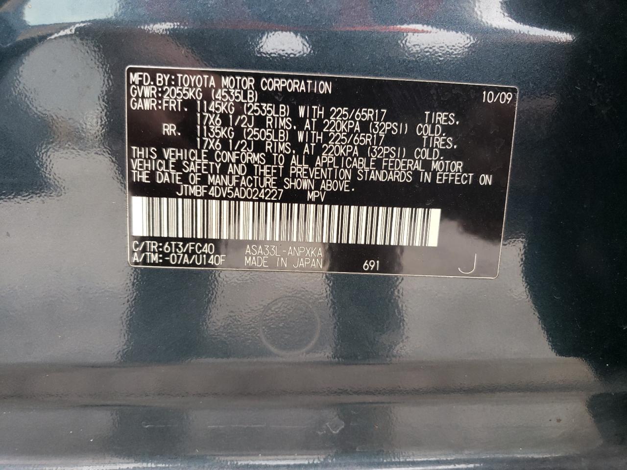 JTMBF4DV5AD024227 2010 Toyota Rav4