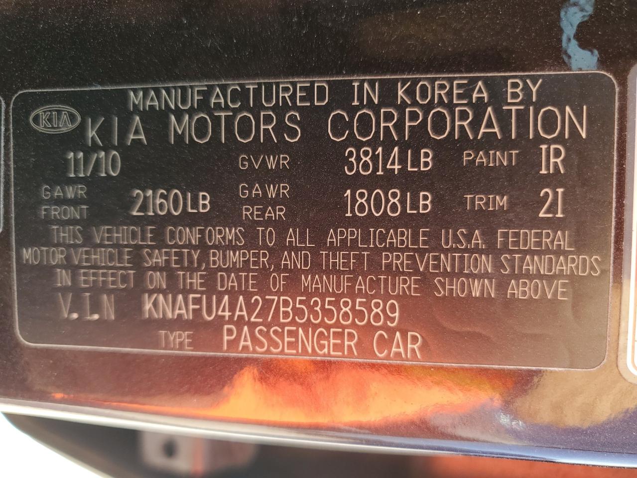 KNAFU4A27B5358589 2011 Kia Forte Ex