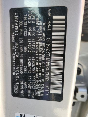 2017 Hyundai Tucson Limited VIN: KM8J33A47HU274410 Lot: 58119734