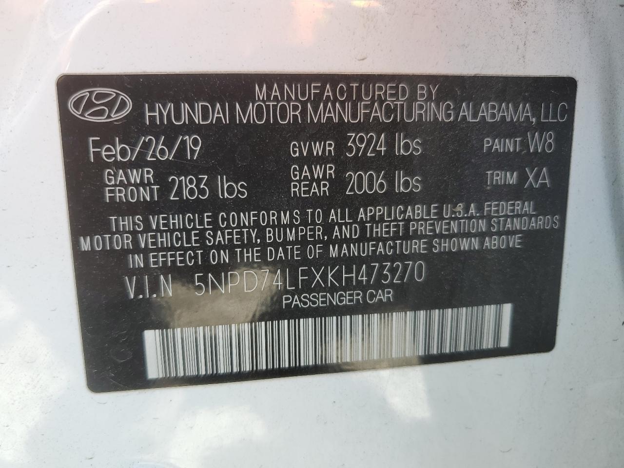 5NPD74LFXKH473270 2019 Hyundai Elantra Se