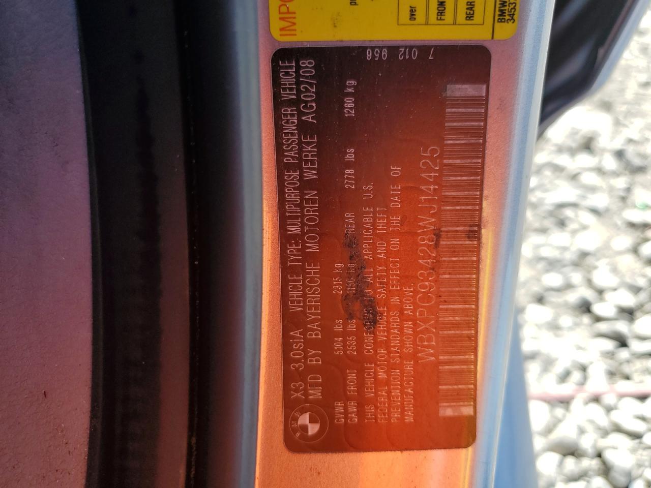 WBXPC93428WJ14425 2008 BMW X3 3.0Si