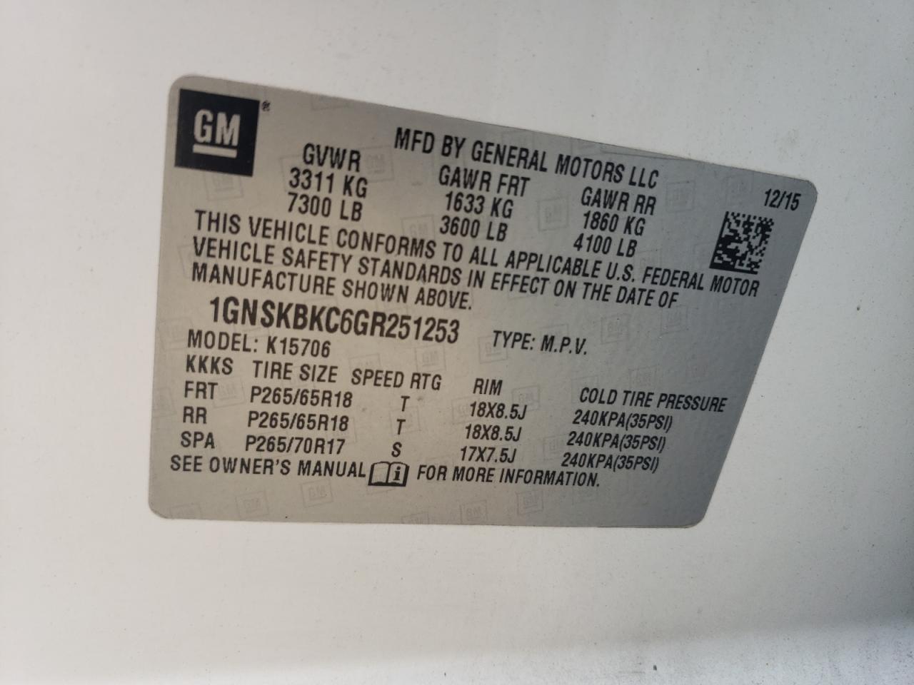 1GNSKBKC6GR251253 2016 Chevrolet Tahoe K1500 Lt