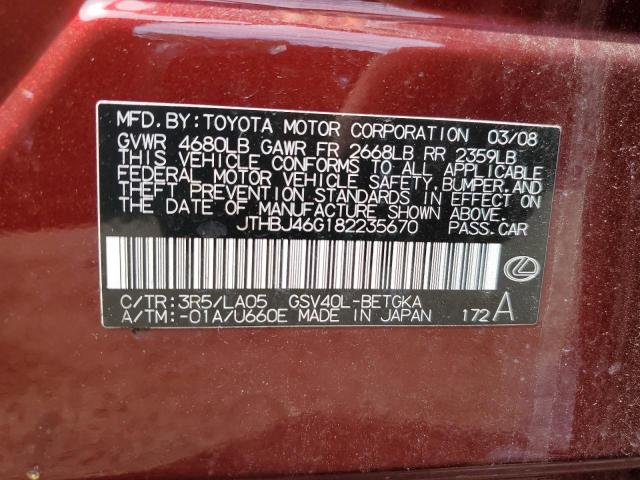 2008 Lexus Es 350 VIN: JTHBJ46G182235670 Lot: 58840994