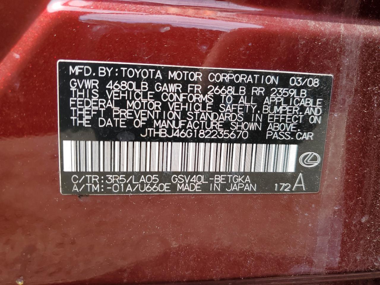 JTHBJ46G182235670 2008 Lexus Es 350