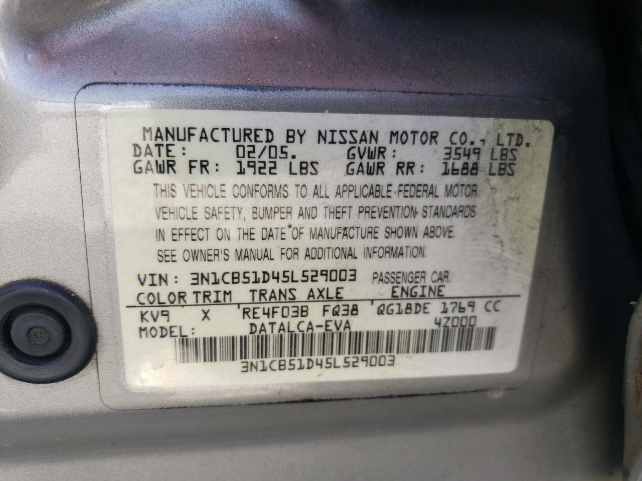 3N1CB51D45L529003 2005 Nissan Sentra 1.8