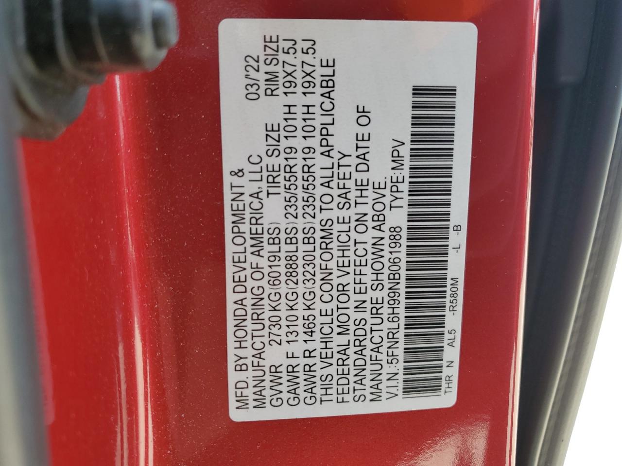 5FNRL6H99NB061988 2022 Honda Odyssey Elite