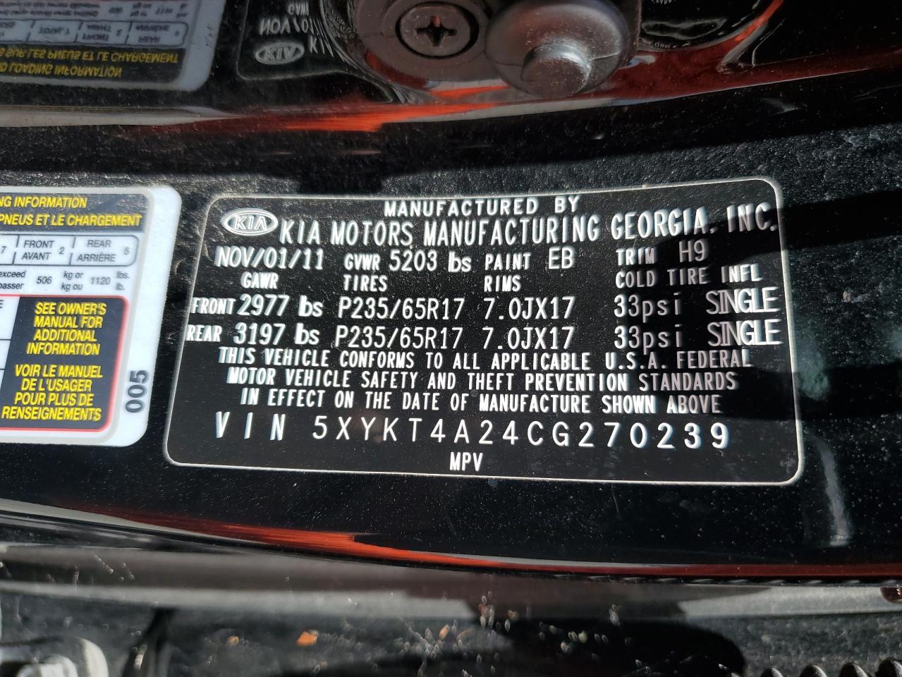 5XYKT4A24CG270239 2012 Kia Sorento Base