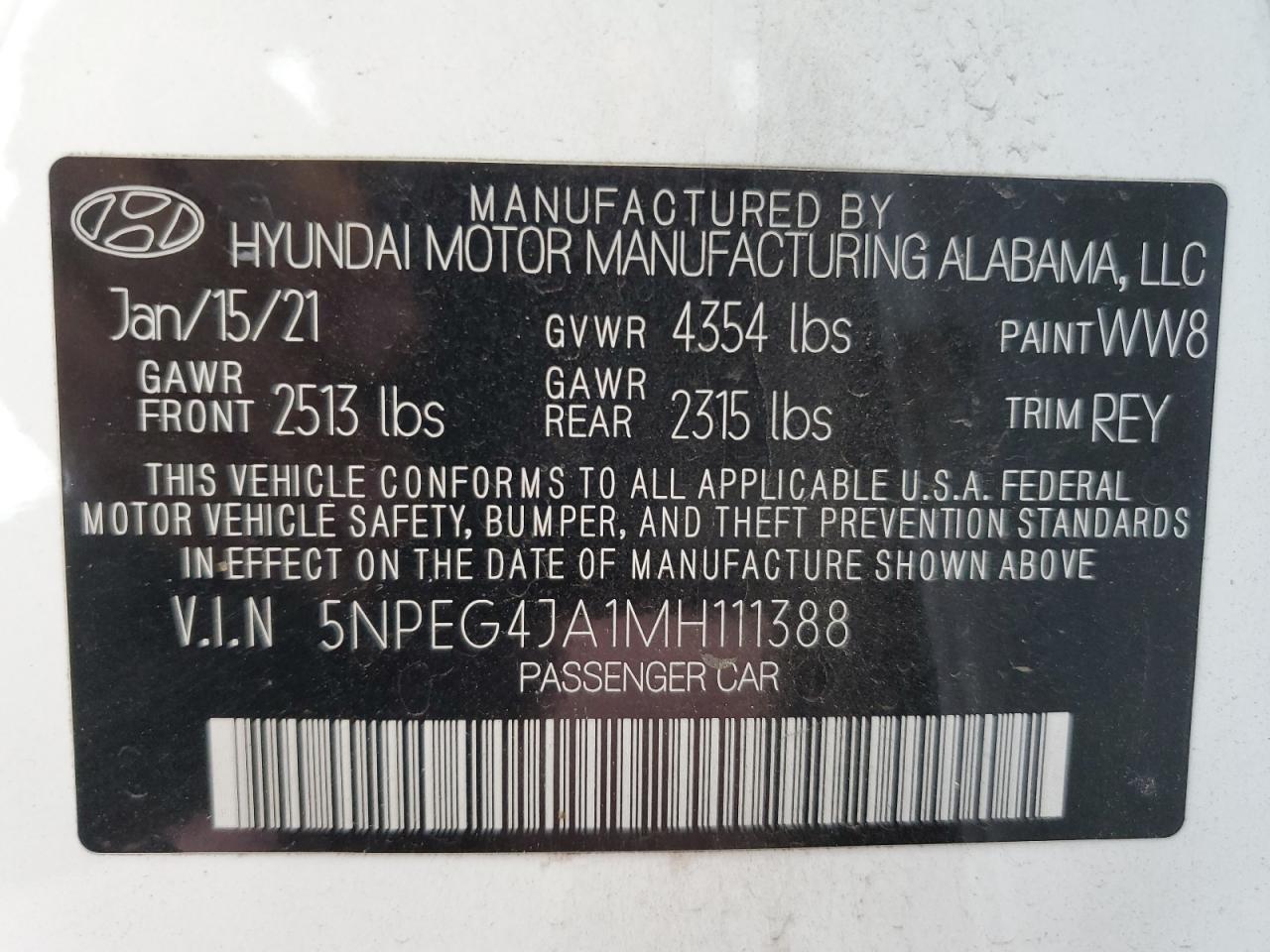 5NPEG4JA1MH111388 2021 Hyundai Sonata Se
