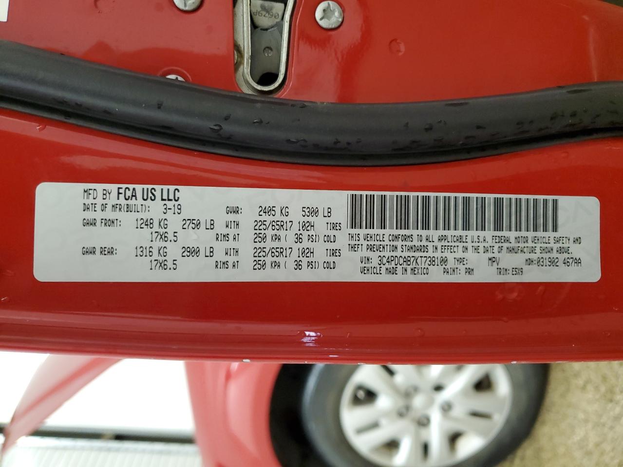 3C4PDCAB7KT738100 2019 Dodge Journey Se