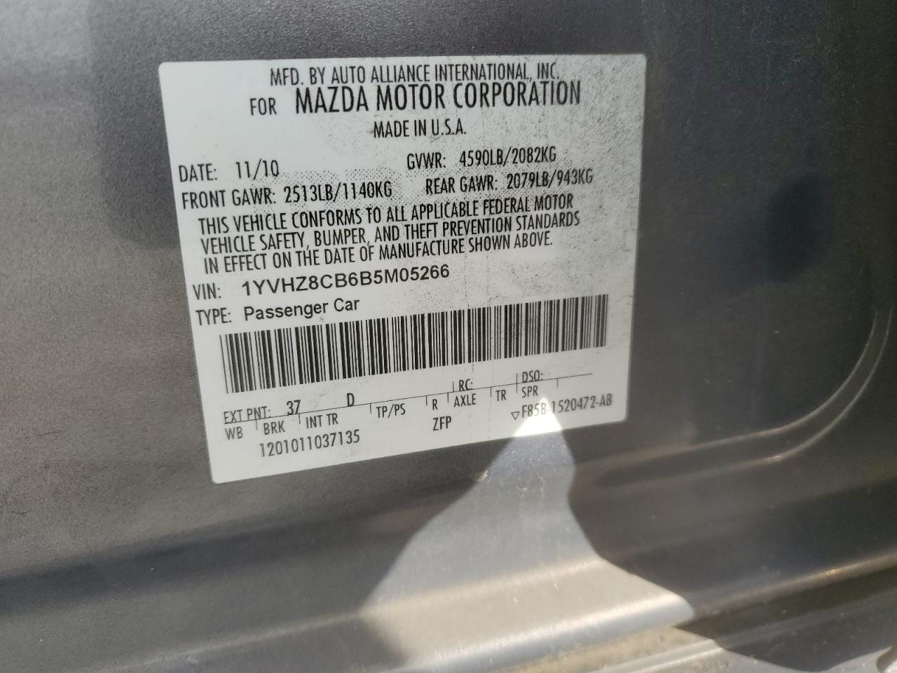 1YVHZ8CB6B5M05266 2011 Mazda 6 S