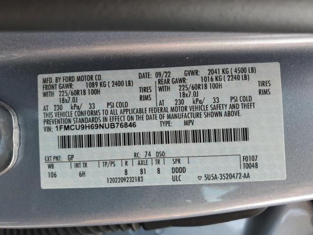 2022 Ford Escape Sel VIN: 1FMCU9H69NUB76846 Lot: 59407184
