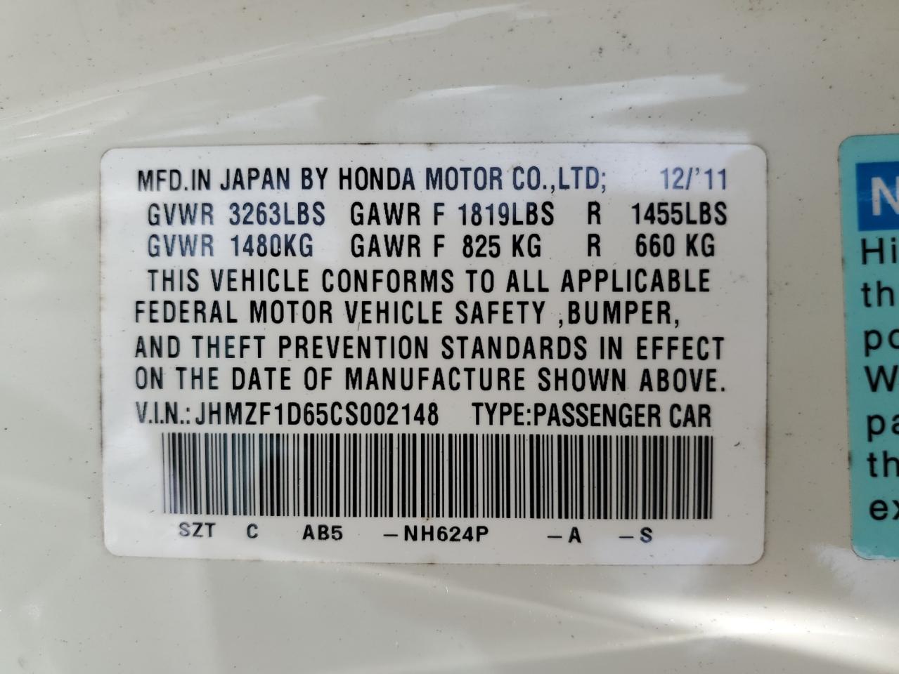 JHMZF1D65CS002148 2012 Honda Cr-Z Ex