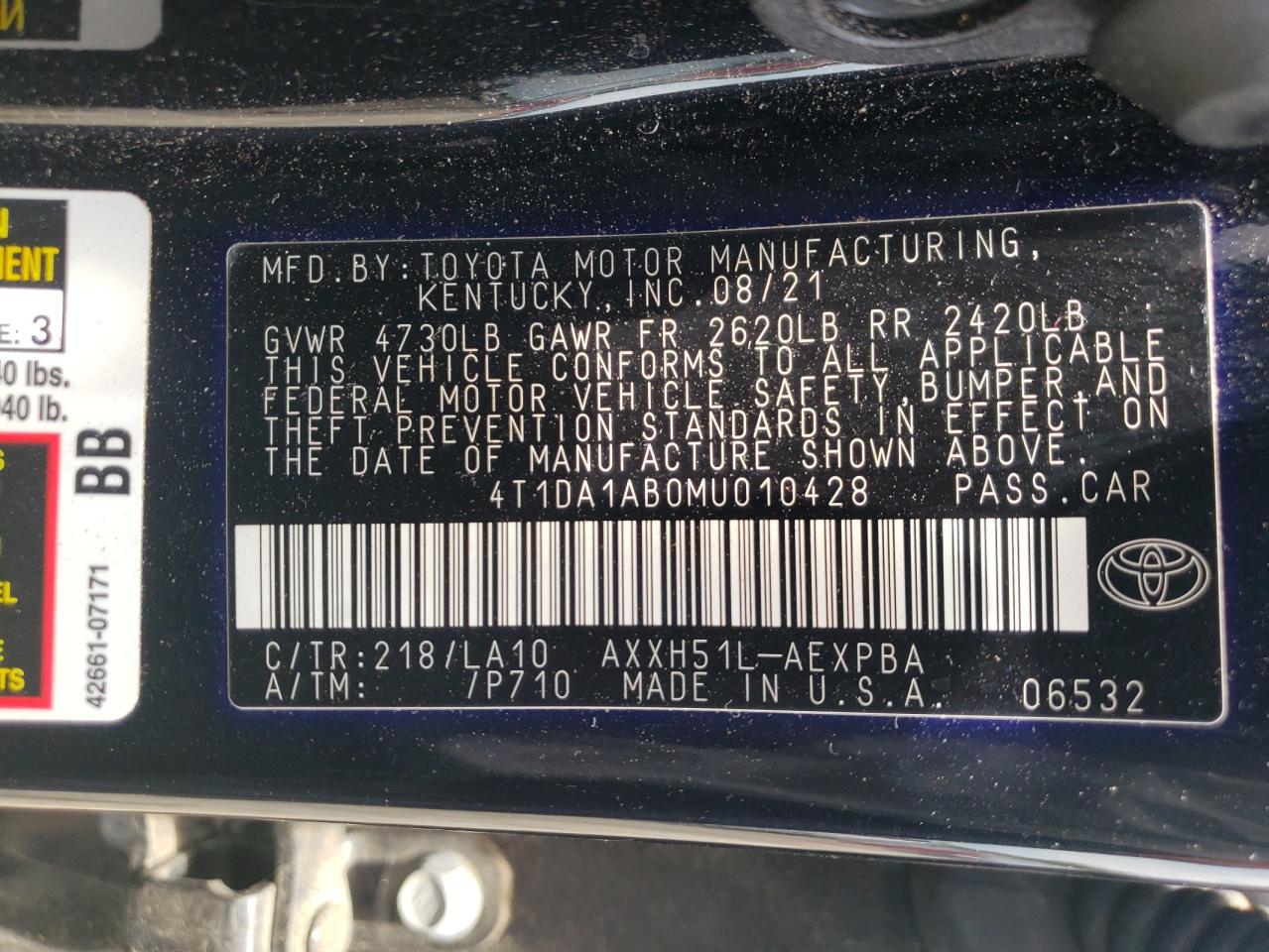 4T1DA1AB0MU010428 2021 Toyota Avalon Limited