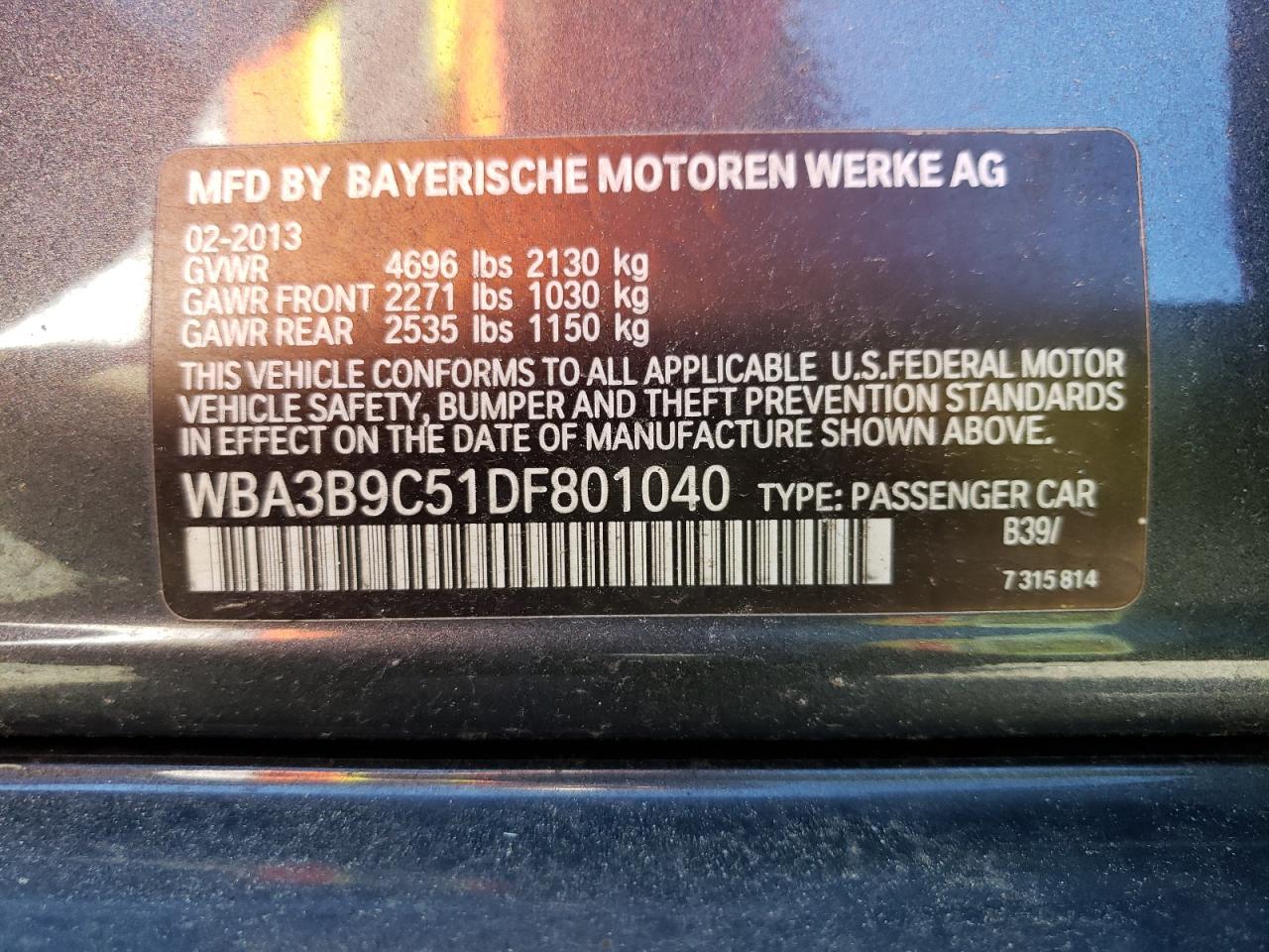 WBA3B9C51DF801040 2013 BMW 335 Xi