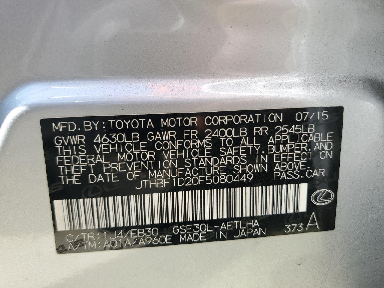 JTHBF1D20F5080449 2015 Lexus Is 250