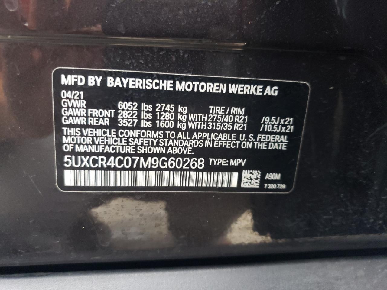 5UXCR4C07M9G60268 2021 BMW X5 Sdrive 40I