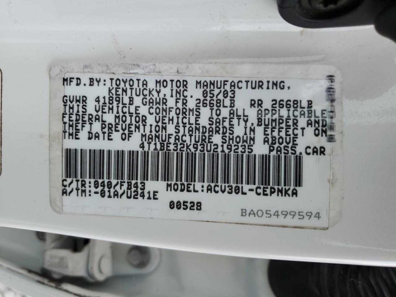 4T1BE32K93U219235 2003 Toyota Camry Le