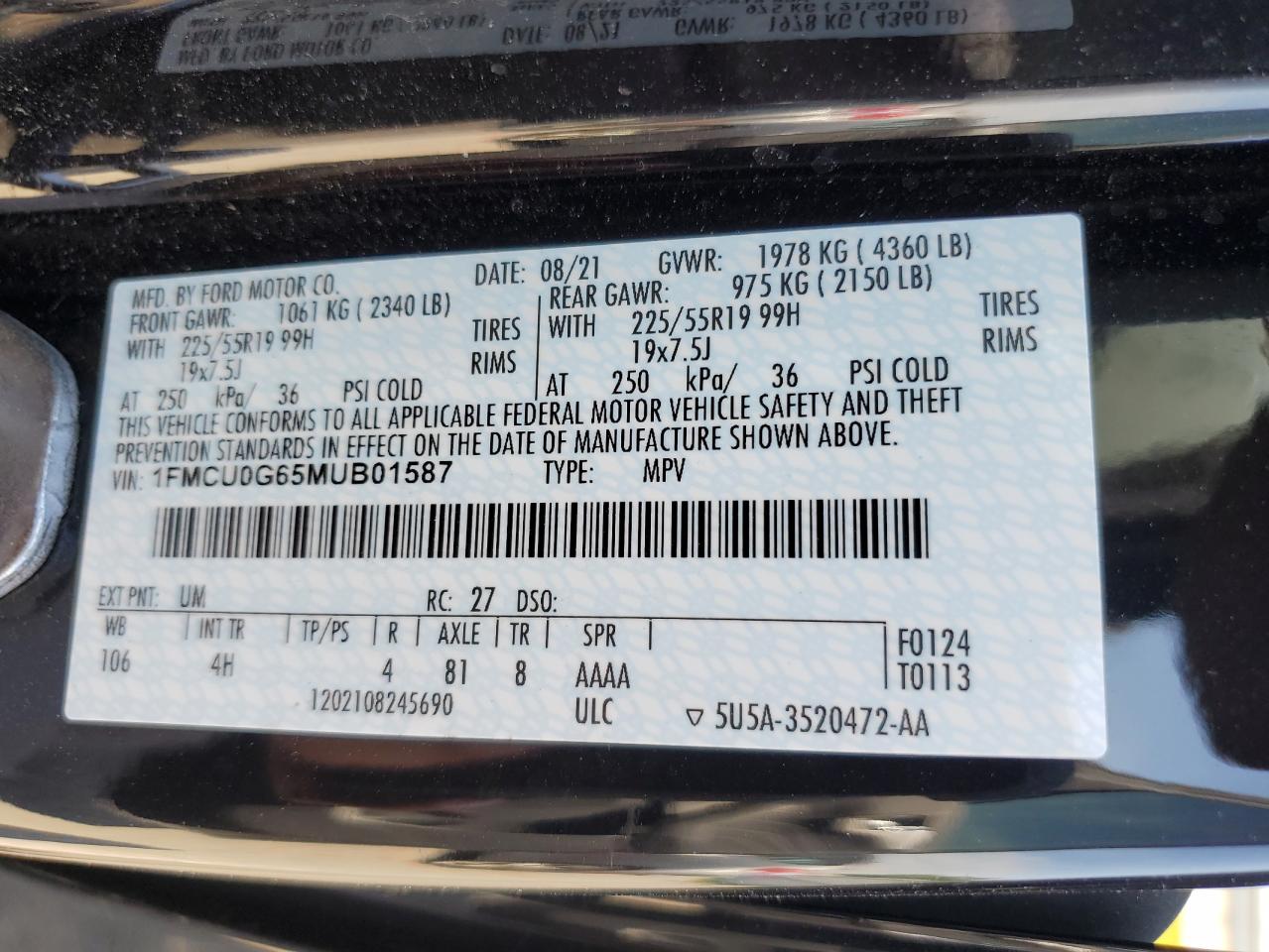 1FMCU0G65MUB01587 2021 Ford Escape Se