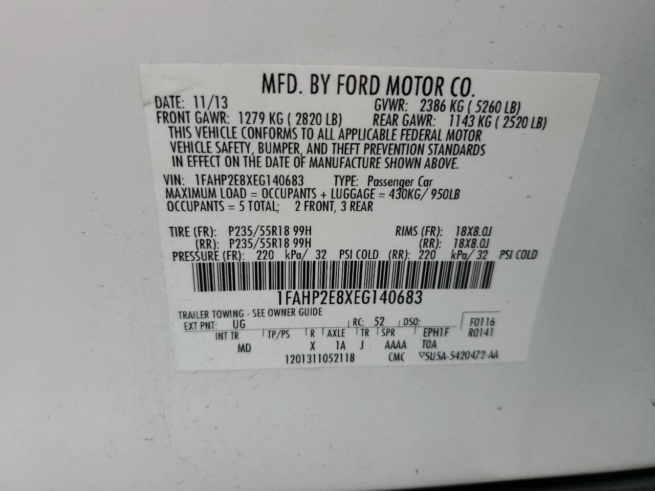 1FAHP2E8XEG140683 2014 Ford Taurus Sel