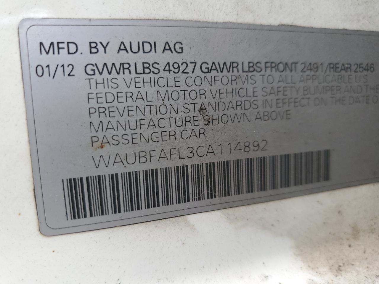 WAUBFAFL3CA114892 2012 Audi A4 Premium