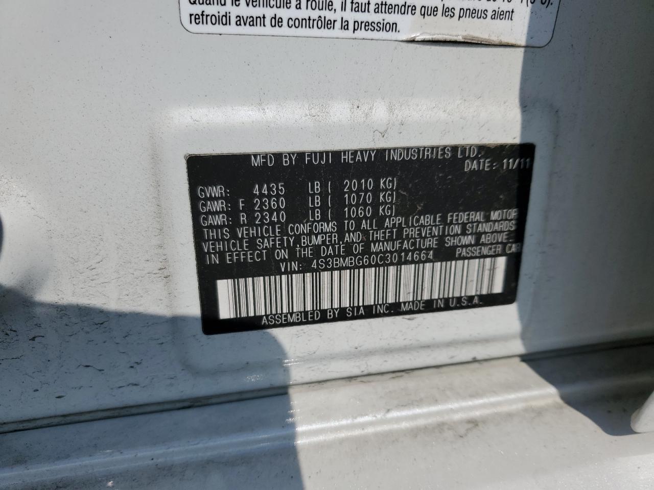 4S3BMBG60C3014664 2012 Subaru Legacy 2.5I Premium