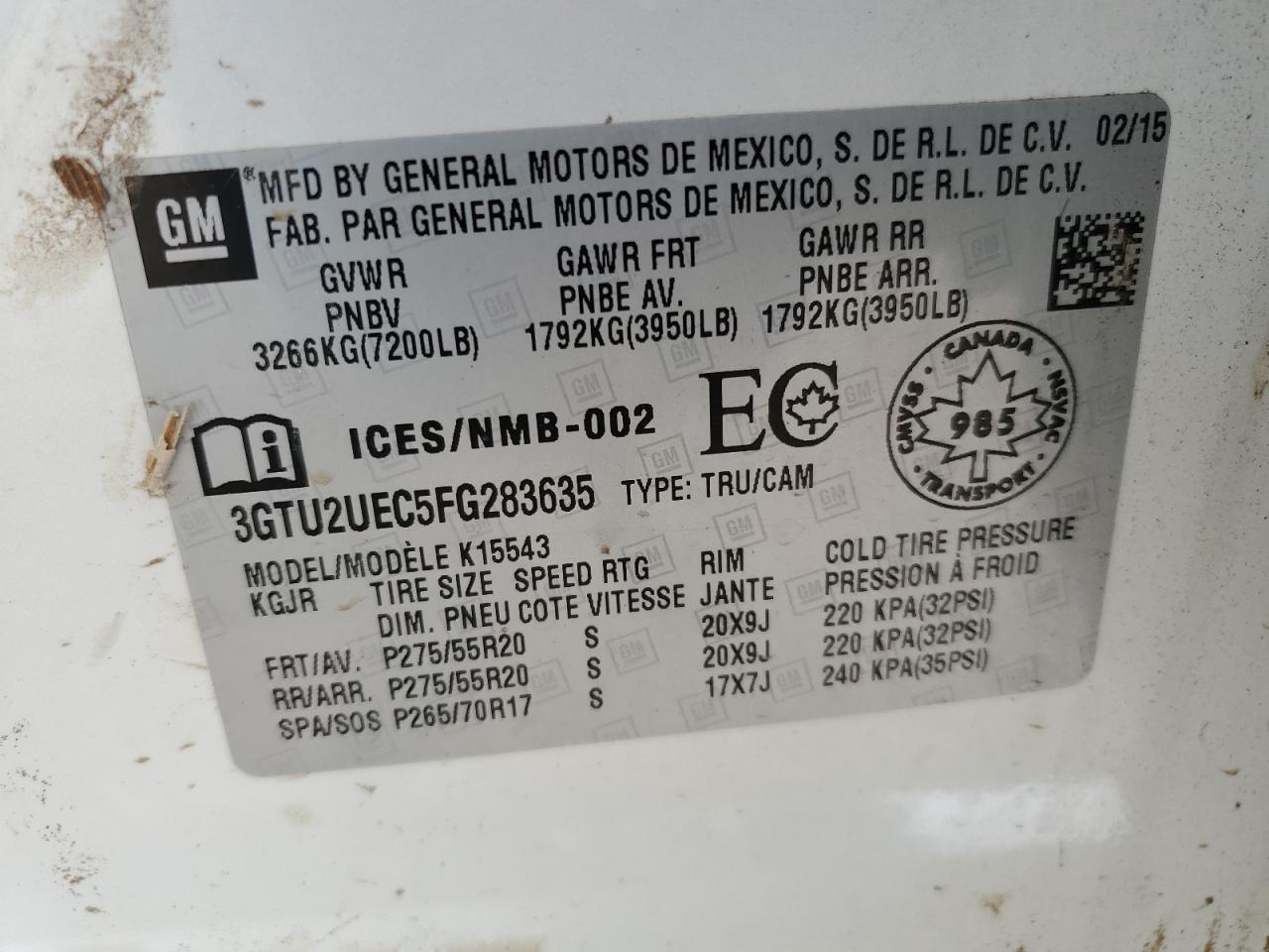 3GTU2UEC5FG283635 2015 GMC Sierra K1500 Sle