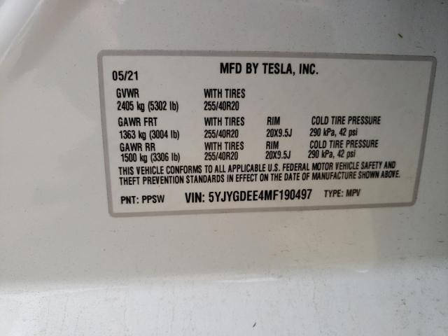 2021 Tesla Model Y VIN: 5YJYGDEE4MF190497 Lot: 57444014