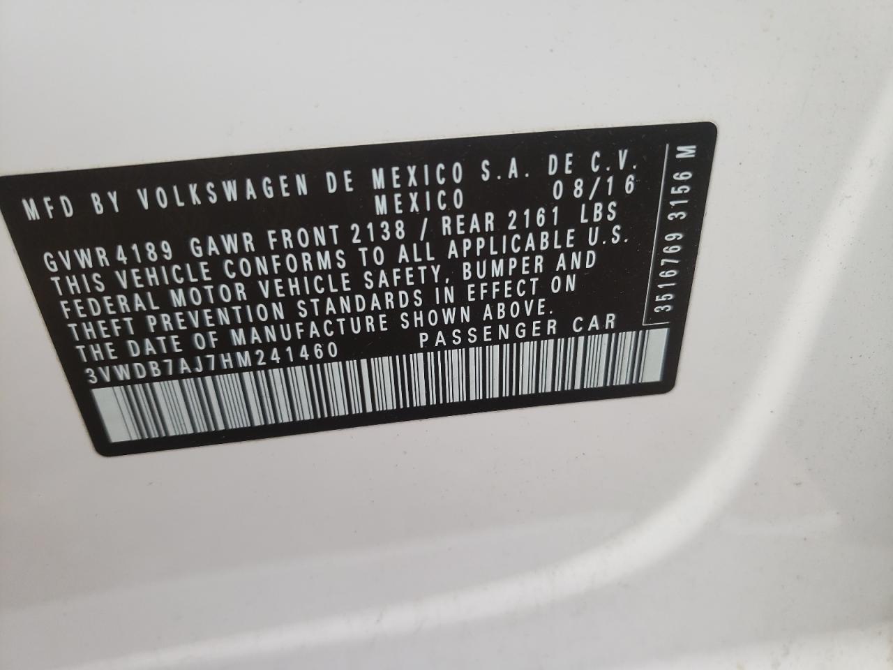 3VWDB7AJ7HM241460 2017 Volkswagen Jetta Se