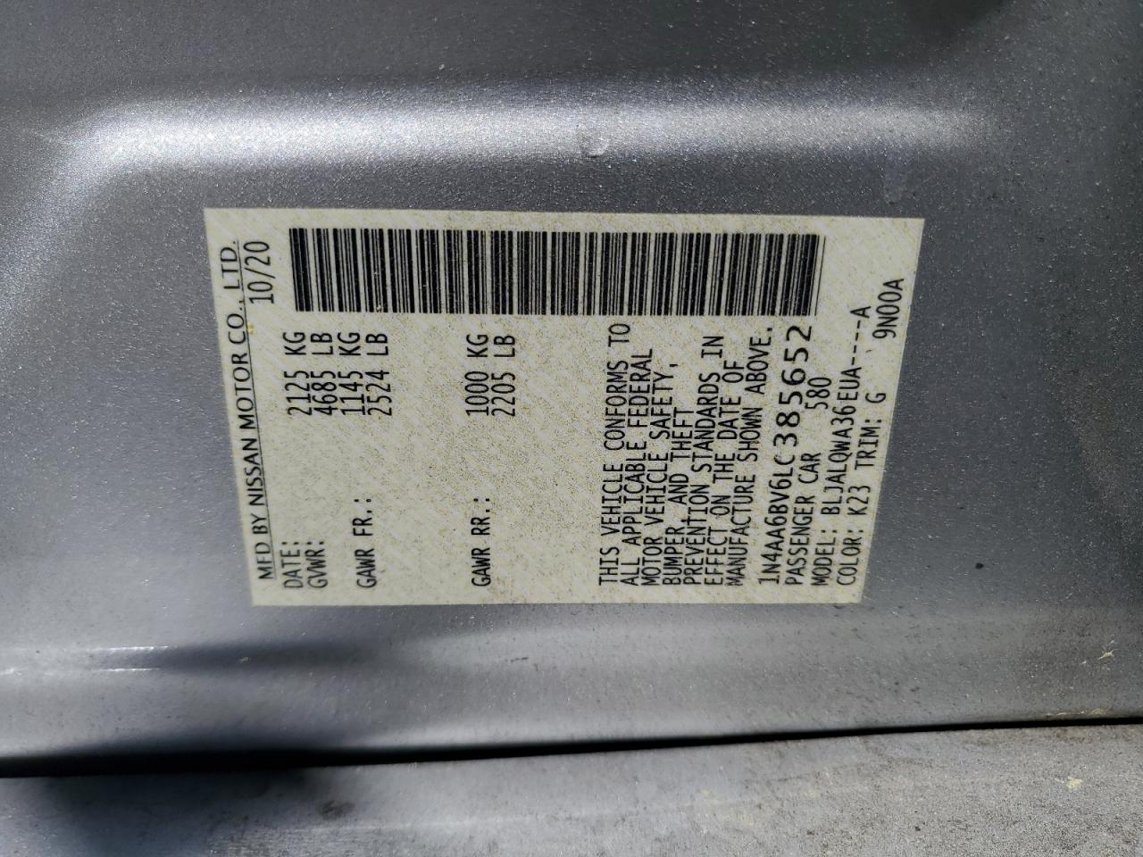 1N4AA6BV6LC385652 2020 Nissan Maxima S