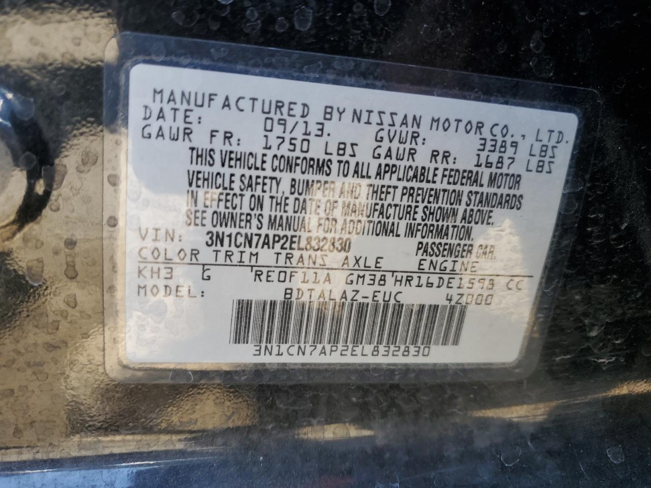 3N1CN7AP2EL832830 2014 Nissan Versa S