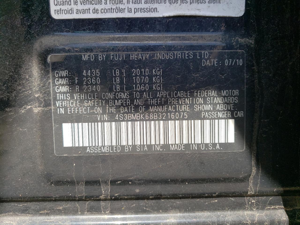 4S3BMBK68B3216075 2011 Subaru Legacy 2.5I Limited