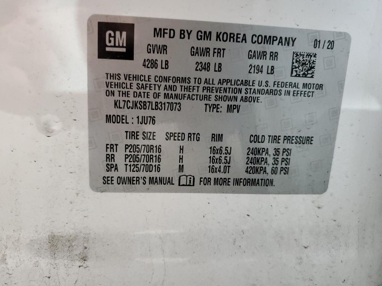KL7CJKSB7LB317073 2020 Chevrolet Trax Ls