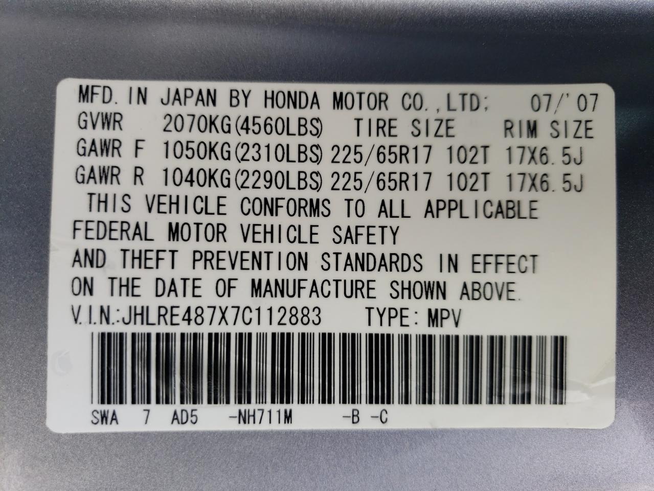 JHLRE487X7C112883 2007 Honda Cr-V Exl