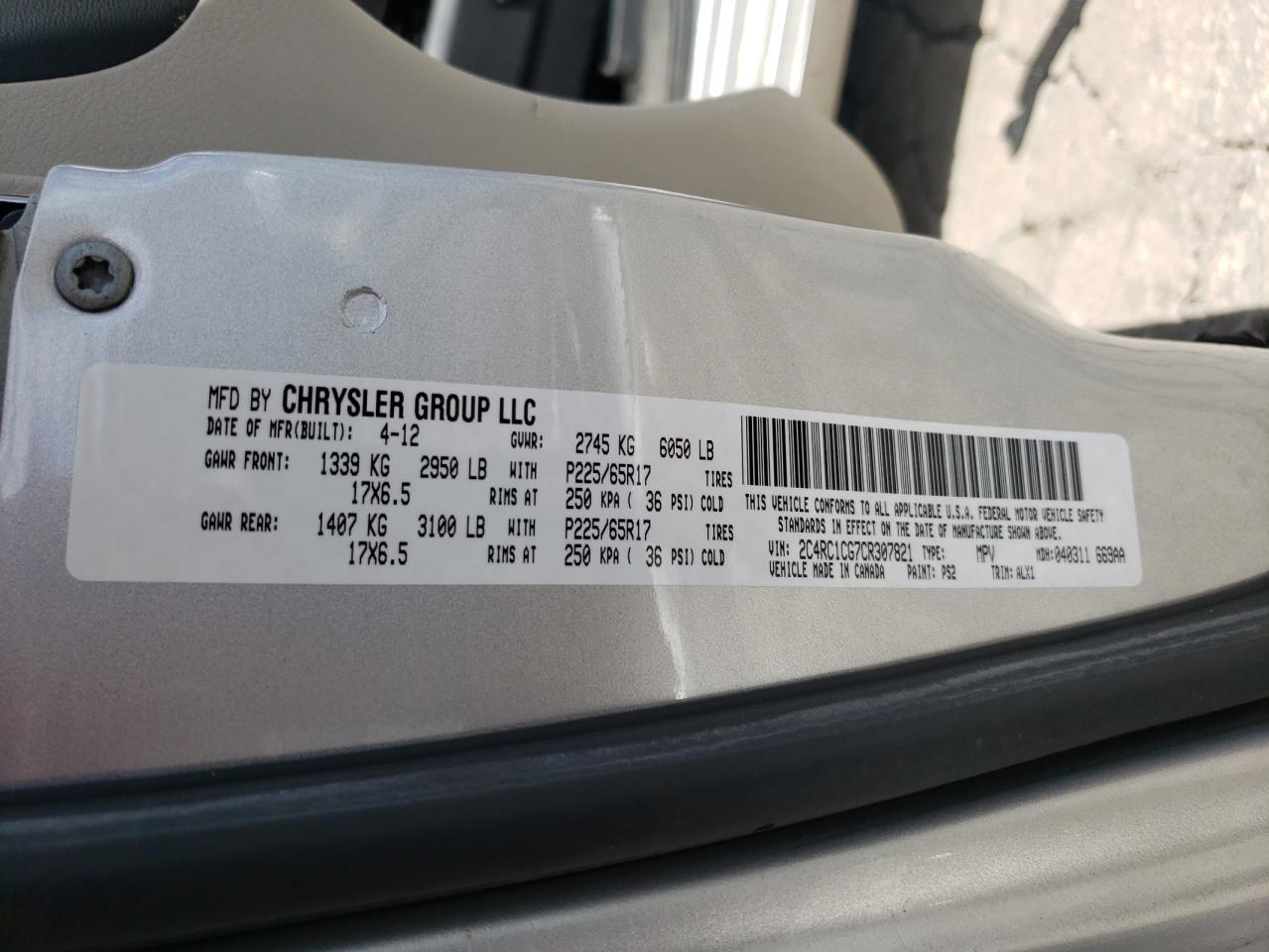 2C4RC1CG7CR307821 2012 Chrysler Town & Country Touring L