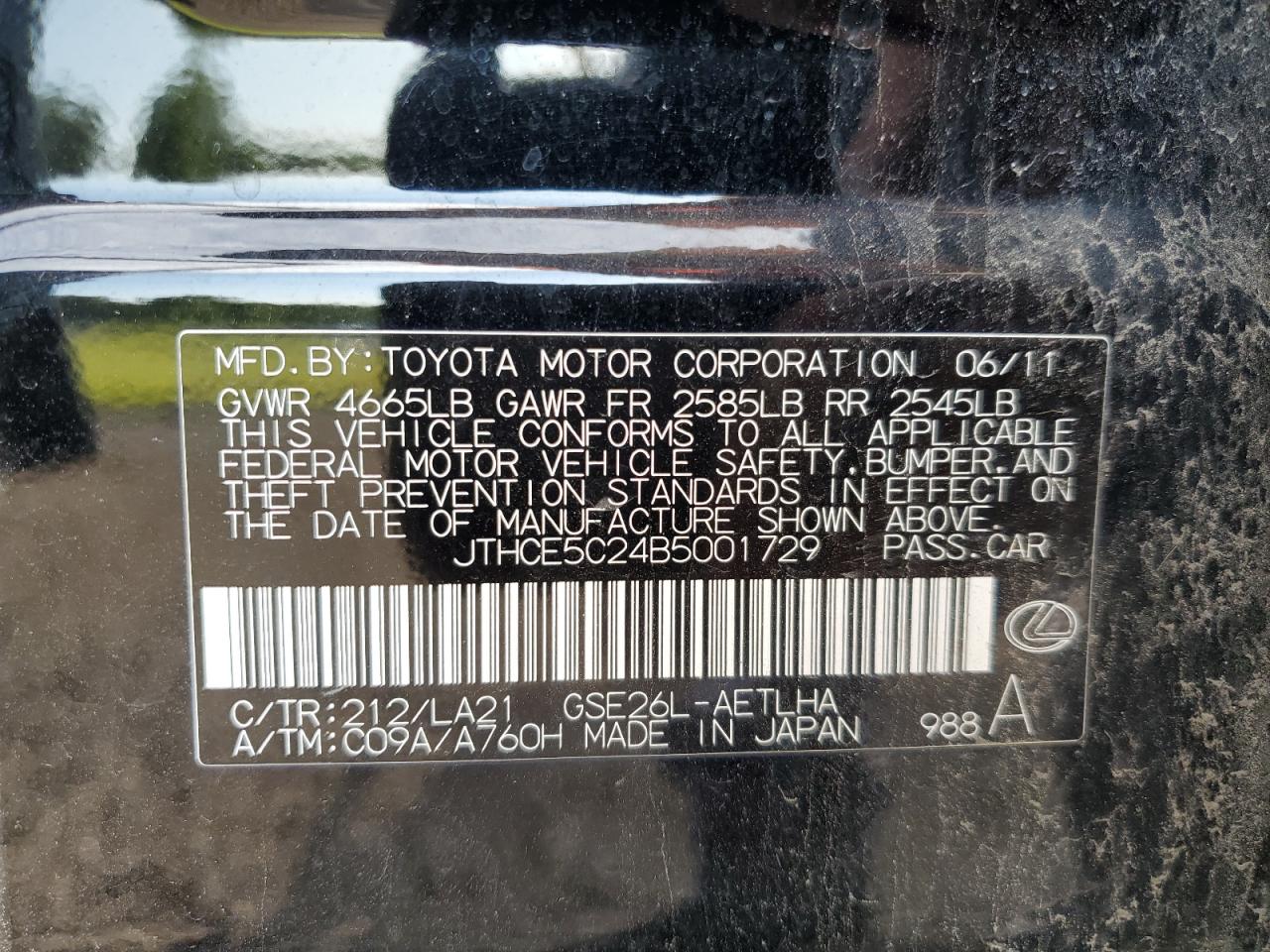 JTHCE5C24B5001729 2011 Lexus Is 350