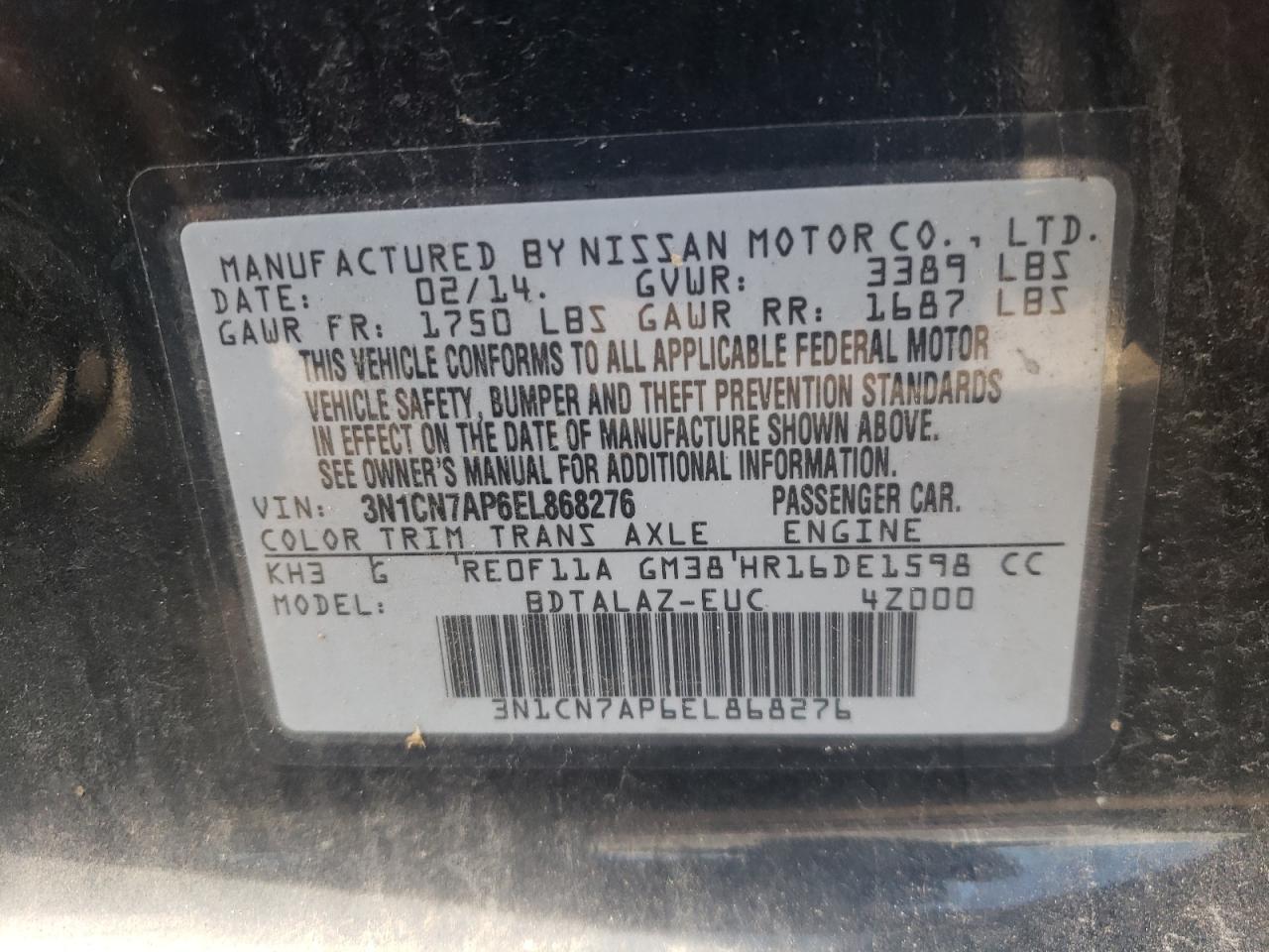 3N1CN7AP6EL868276 2014 Nissan Versa S