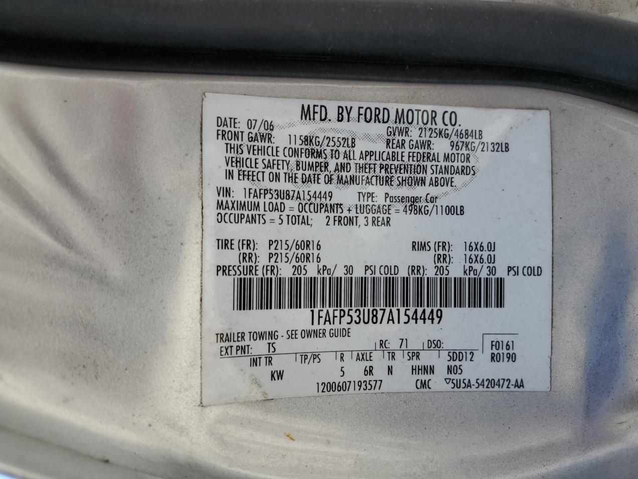 1FAFP53U87A154449 2007 Ford Taurus Se